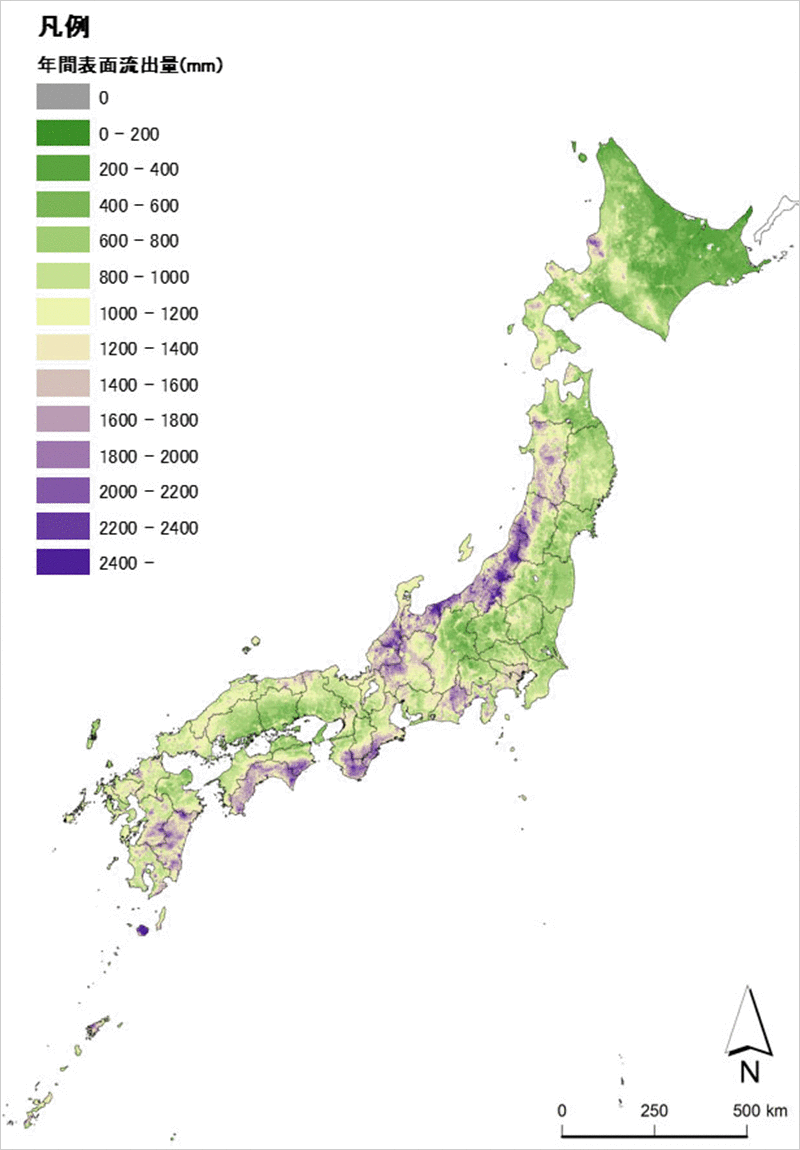 雨の年間表面流出量